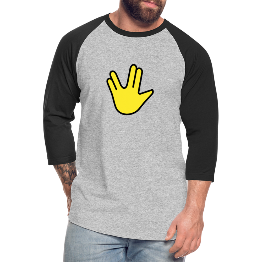 Emoji Expression: Vulcan Salute + May the Moji Force See You Live Long Time and Prosper Test (Double-Sided) Baseball T-Shirt - Emoji.Express - heather gray/black