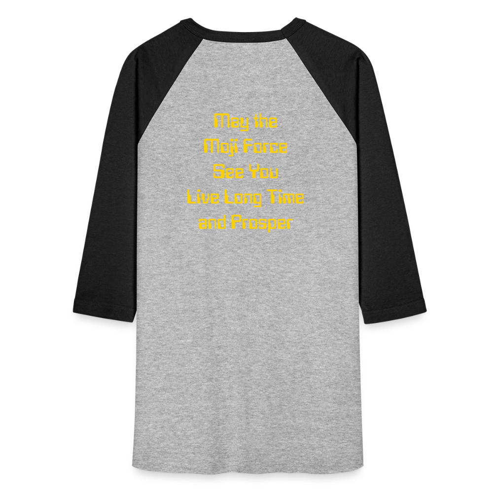 Emoji Expression: Vulcan Salute + May the Moji Force See You Live Long Time and Prosper Test (Double-Sided) Baseball T-Shirt - Emoji.Express - heather gray/black