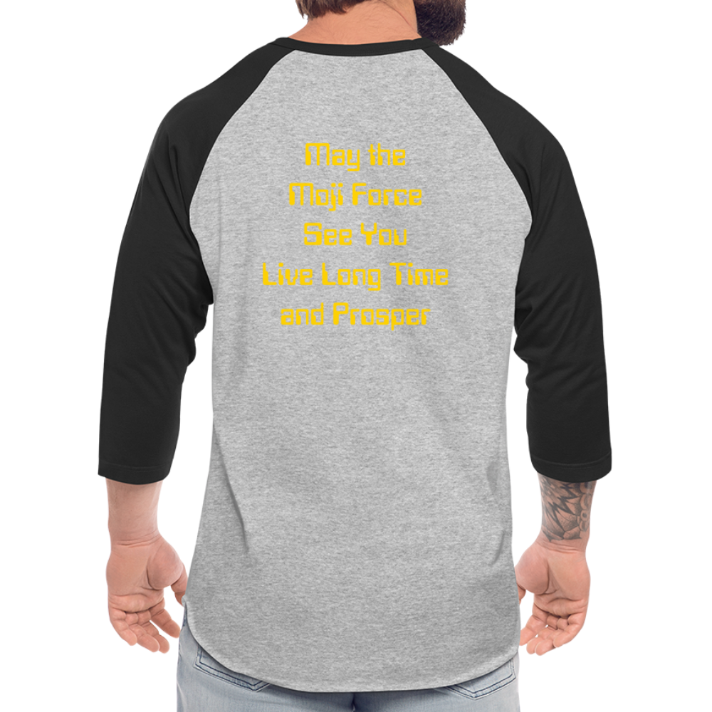 Emoji Expression: Vulcan Salute + May the Moji Force See You Live Long Time and Prosper Test (Double-Sided) Baseball T-Shirt - Emoji.Express - heather gray/black