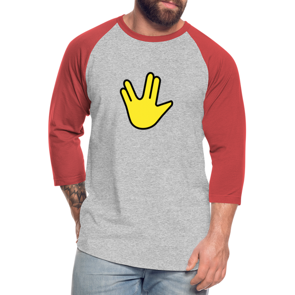 Emoji Expression: Vulcan Salute + May the Moji Force See You Live Long Time and Prosper Test (Double-Sided) Baseball T-Shirt - Emoji.Express - heather gray/red