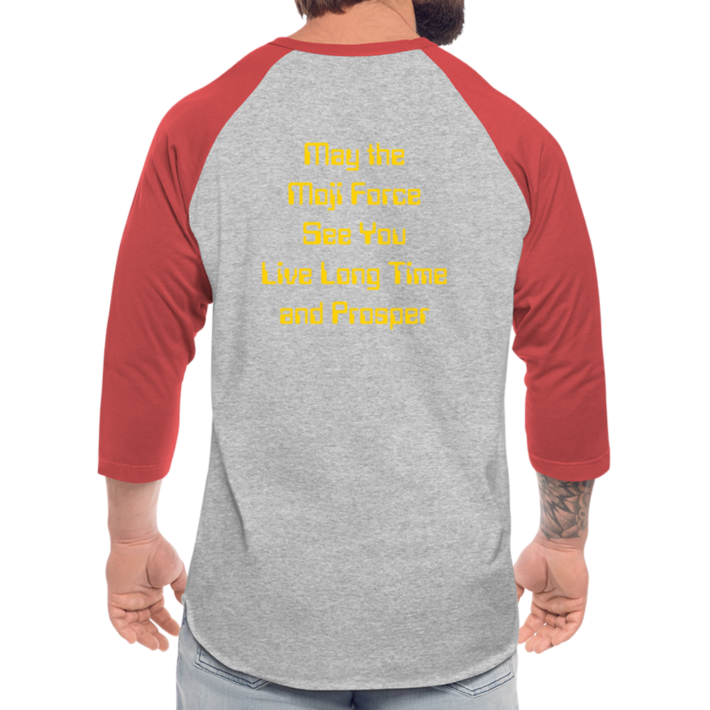Emoji Expression: Vulcan Salute + May the Moji Force See You Live Long Time and Prosper Test (Double-Sided) Baseball T-Shirt - Emoji.Express - heather gray/red