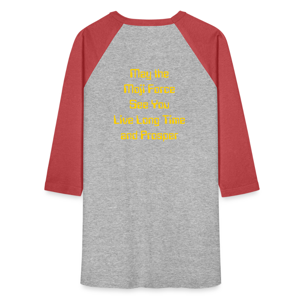 Emoji Expression: Vulcan Salute + May the Moji Force See You Live Long Time and Prosper Test (Double-Sided) Baseball T-Shirt - Emoji.Express - heather gray/red