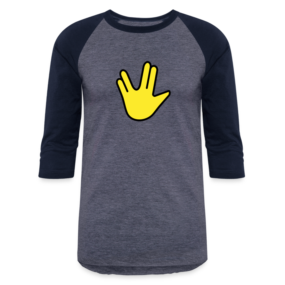 Emoji Expression: Vulcan Salute + May the Moji Force See You Live Long Time and Prosper Test (Double-Sided) Baseball T-Shirt - Emoji.Express - heather blue/navy