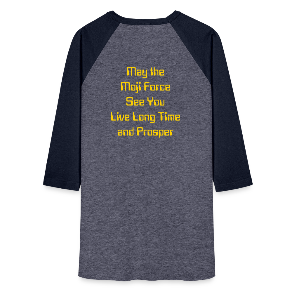 Emoji Expression: Vulcan Salute + May the Moji Force See You Live Long Time and Prosper Test (Double-Sided) Baseball T-Shirt - Emoji.Express - heather blue/navy