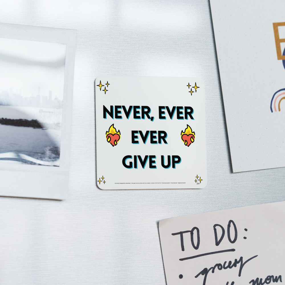 Emoji Expression: Never, Ever Ever Give Up Heart on Fire Moji Square Magnet - Emoji.Express - white