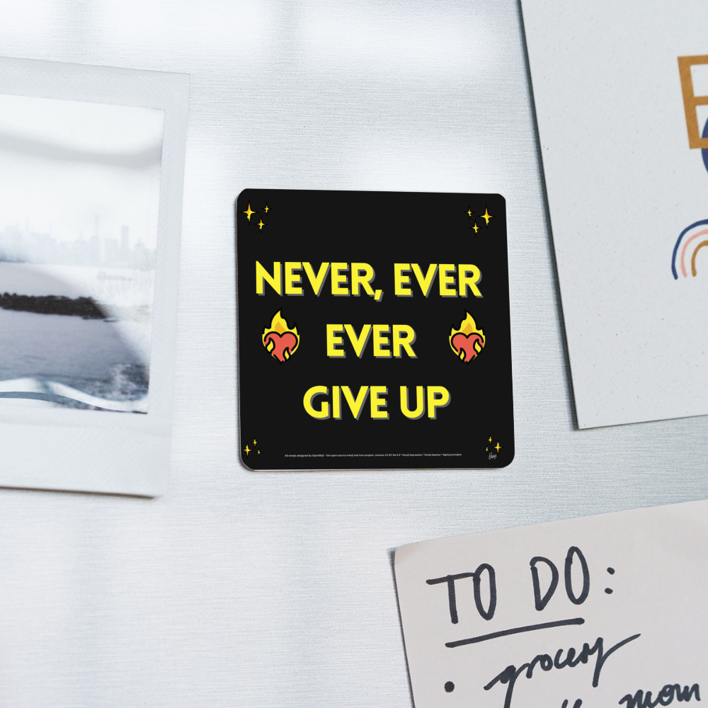 Emoji Expression: Never, Ever Ever Give Up (Yellow) Heart on Fire Moji Square Magnet - Emoji.Express - white