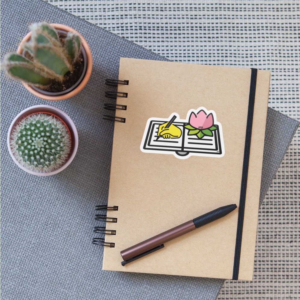 Emoji Expression: The Lotus Effect Writing in Journal Moji Sticker - Emoji.Express - white matte