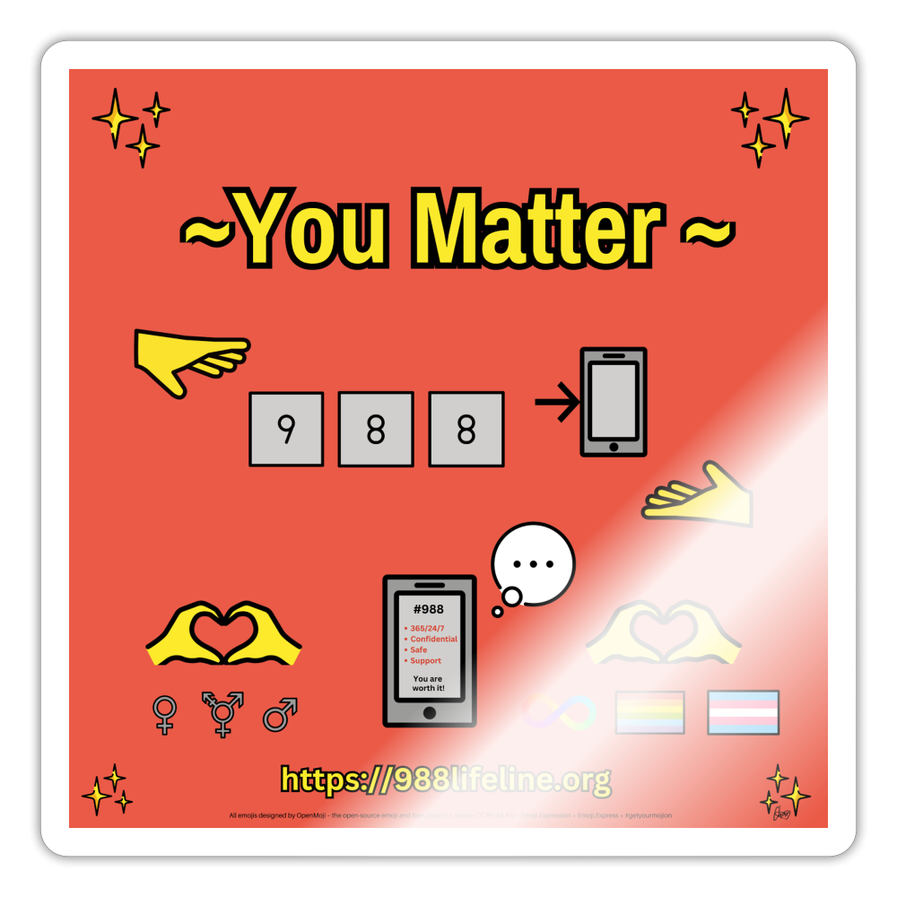 Emoji Expression: ~ You Matter ~ 988 LGBTQIA+ND Moji Sticker (Red) - Emoji.Express - white glossy