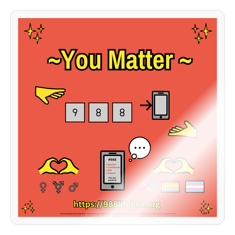 Emoji Expression: ~ You Matter ~ 988 LGBTQIA+ND Moji Sticker (Red) - Emoji.Express - transparent glossy