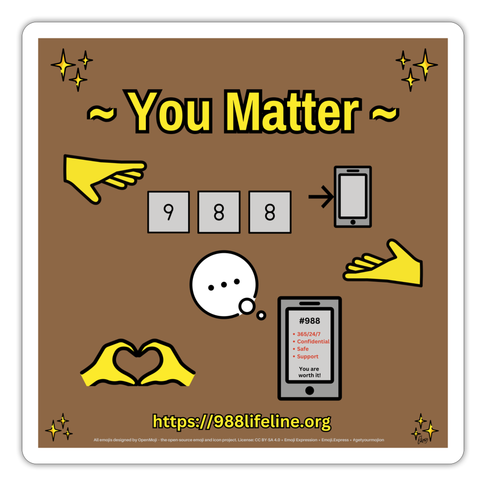 Emoji Expression: ~ You Matter ~ 988 Heart Hands Moji Sticker (Brown) - Emoji.Express - white matte