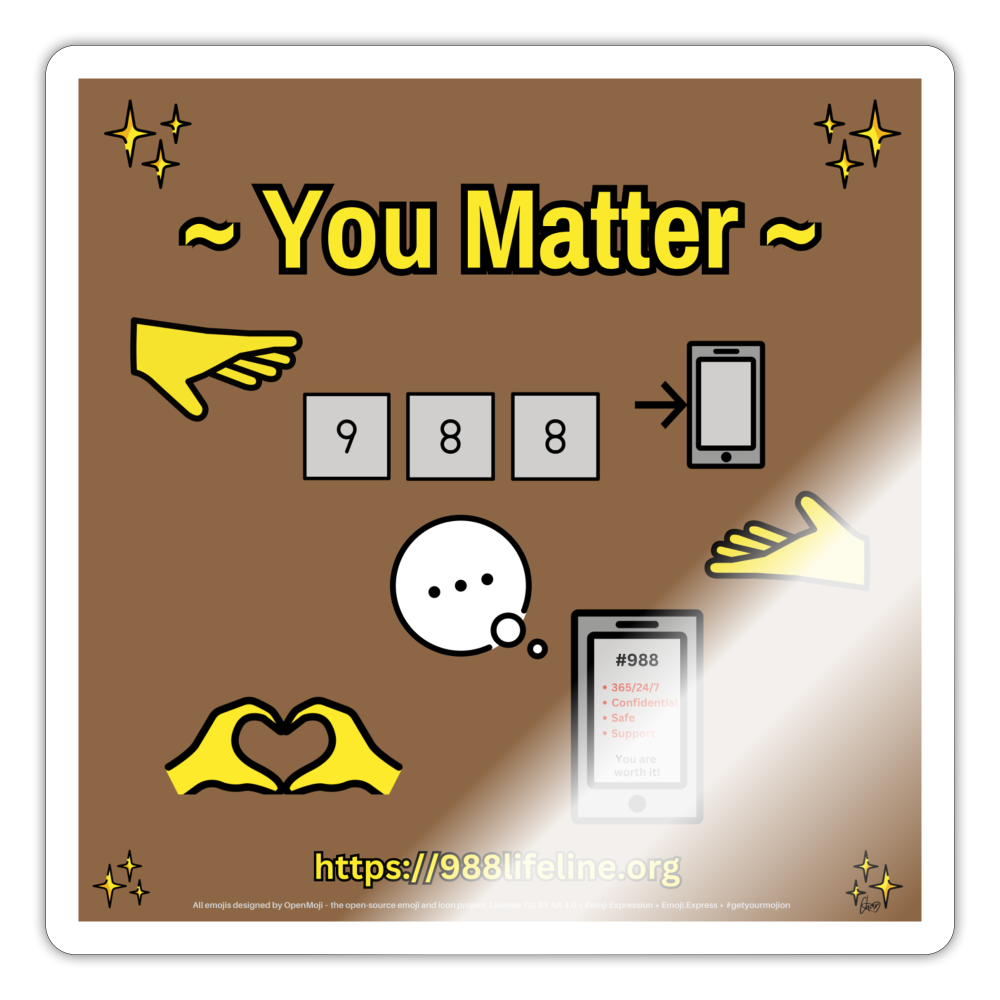 Emoji Expression: ~ You Matter ~ 988 Heart Hands Moji Sticker (Brown) - Emoji.Express - white glossy
