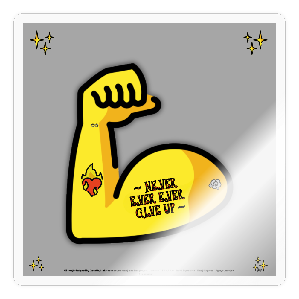 Emoji Expression: Never, Ever Ever Give Up Tattoo'd Bicep Moji Sticker - Emoji.Express - transparent glossy