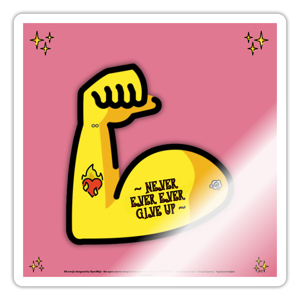 Emoji Expression: Never, Ever Ever Give Up Tattoo'd Bicep (Pink) Moji Sticker - Emoji.Express - white glossy