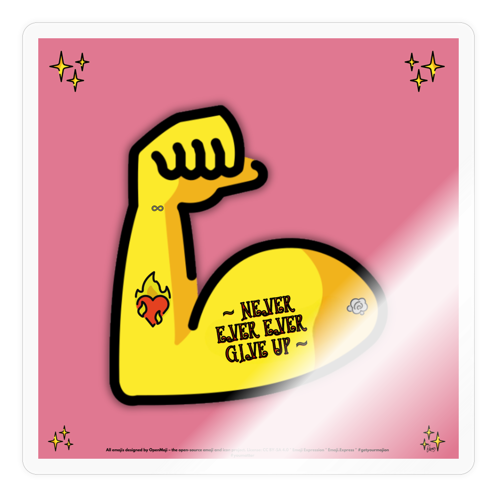 Emoji Expression: Never, Ever Ever Give Up Tattoo'd Bicep (Pink) Moji Sticker - Emoji.Express - transparent glossy