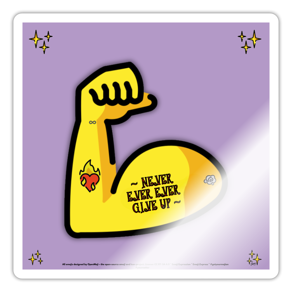 Emoji Expression: Never, Ever Ever Give Up Tattoo'd Bicep (Lavender) Moji Sticker - Emoji.Express - white glossy