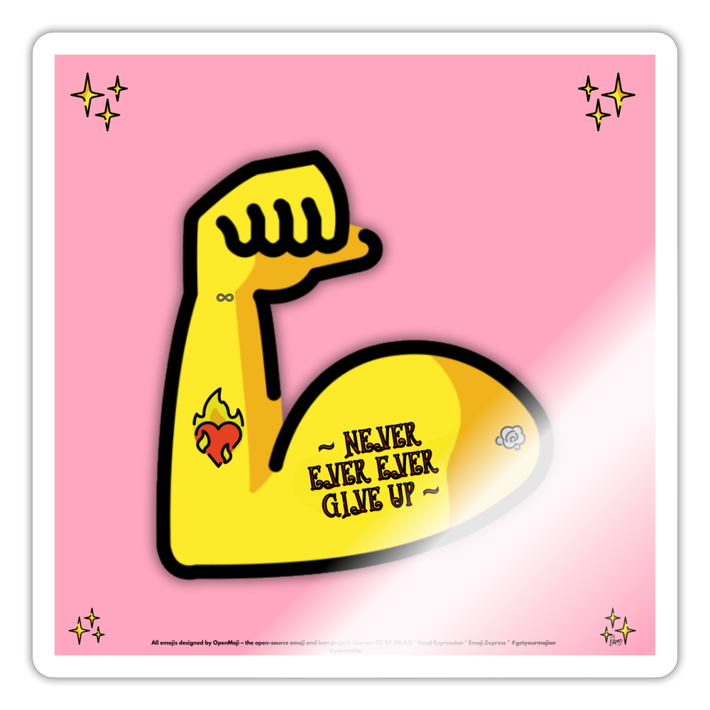 Emoji Expression: Never, Ever Ever Give Up Tattoo'd Bicep (Light Pink) Moji Sticker - Emoji.Express - white glossy