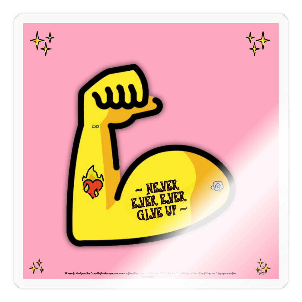 Emoji Expression: Never, Ever Ever Give Up Tattoo'd Bicep (Light Pink) Moji Sticker - Emoji.Express - transparent glossy