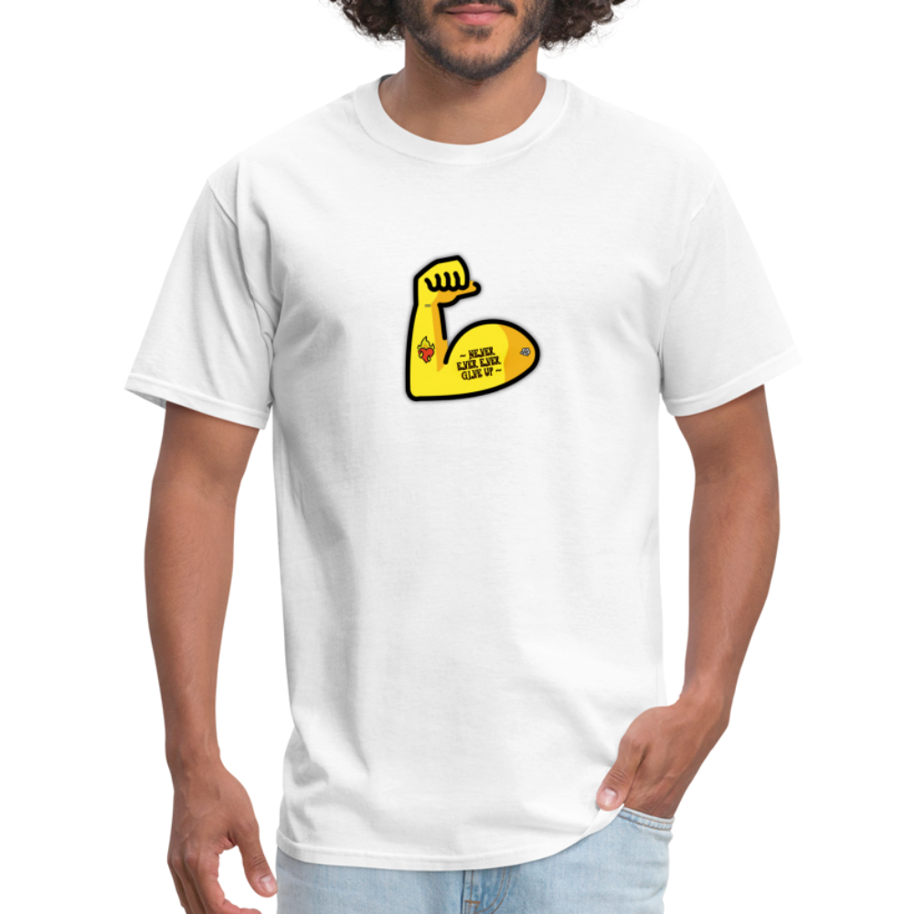 Customizable Emoji Expression: Never, Ever Ever Give Up Tattoo'd Bicep Moji Unisex Classic T-Shirt - Emoji.Express - white