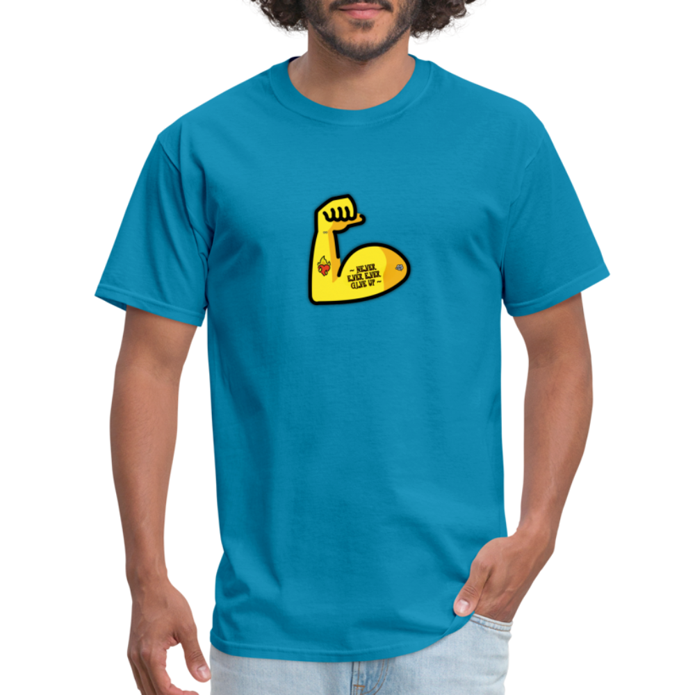 Customizable Emoji Expression: Never, Ever Ever Give Up Tattoo'd Bicep Moji Unisex Classic T-Shirt - Emoji.Express - turquoise