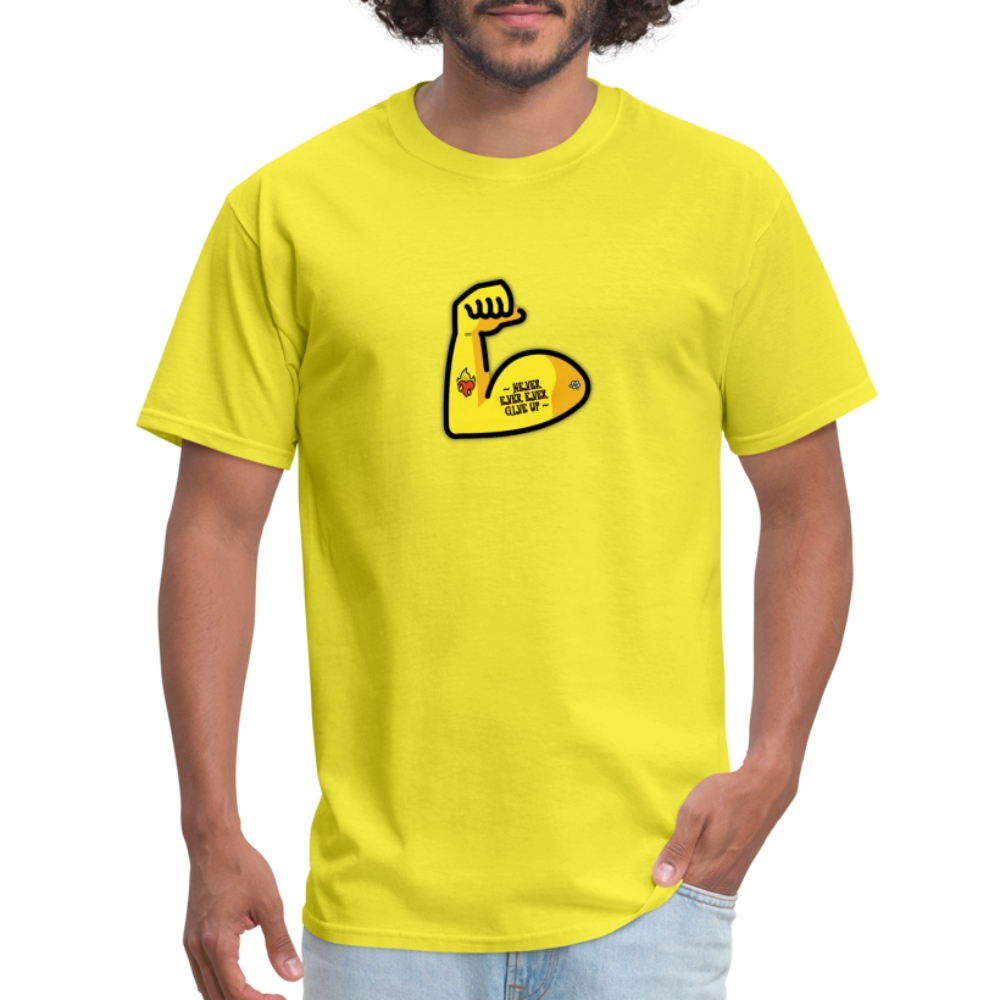 Customizable Emoji Expression: Never, Ever Ever Give Up Tattoo'd Bicep Moji Unisex Classic T-Shirt - Emoji.Express - yellow