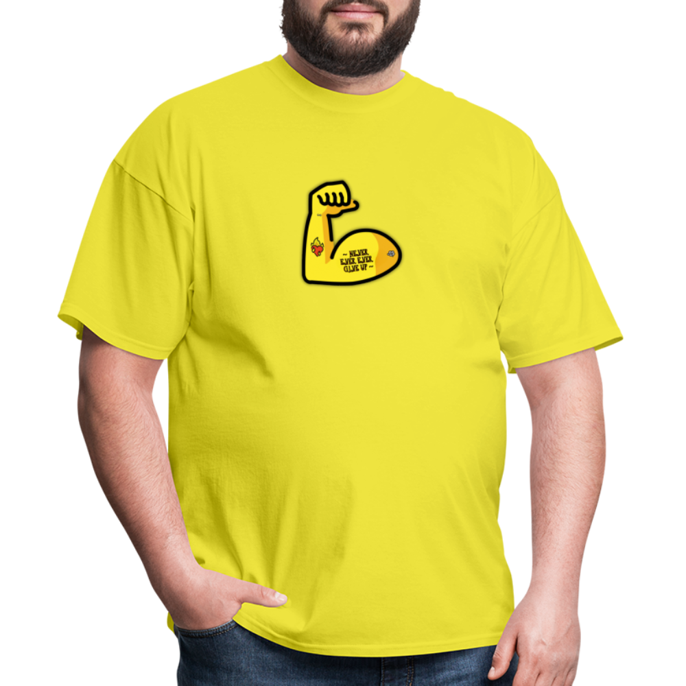 Customizable Emoji Expression: Never, Ever Ever Give Up Tattoo'd Bicep Moji Unisex Classic T-Shirt - Emoji.Express - yellow