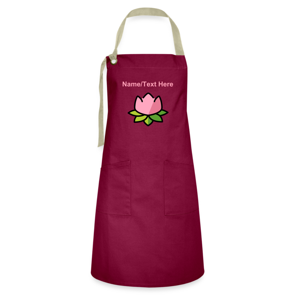 Customizable Lotus Moji Artisan Apron - Emoji.Express - burgundy/khaki