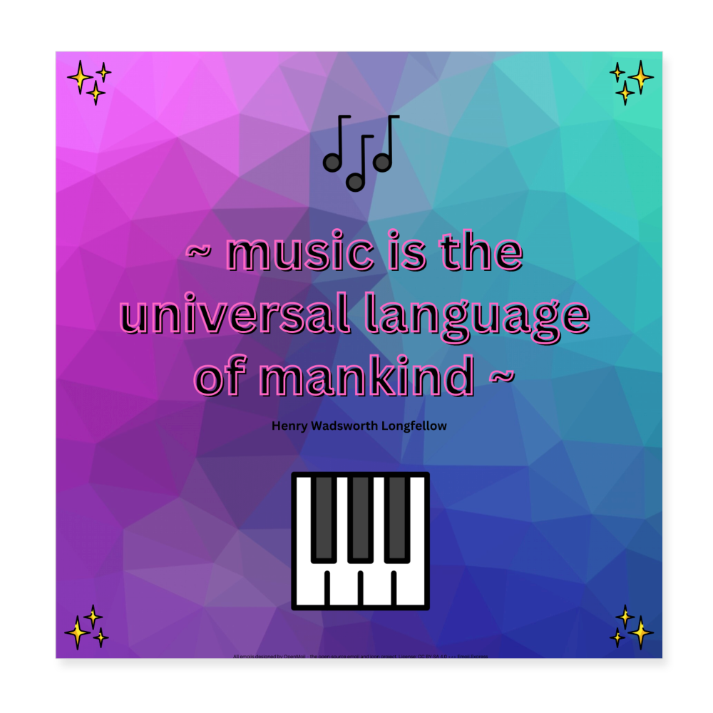 Quote "Music is the Universal Language of Mankind" with Sparkles, Musical Notes & Music Keyboard Mojis Wall Art 8x8 Poster - Emoji.Express - white