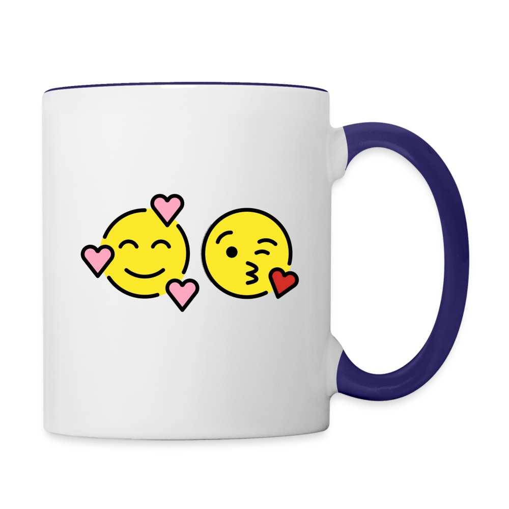 Smiling Face w/ Hearts + Face Blowing a Kiss Power Pair Mojis Contrast Coffee Mug - Emoji.Express - white/cobalt blue