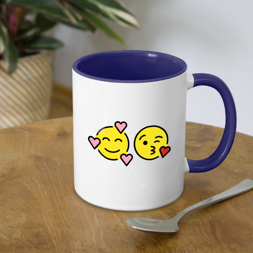 Smiling Face w/ Hearts + Face Blowing a Kiss Power Pair Mojis Contrast Coffee Mug - Emoji.Express - white/cobalt blue