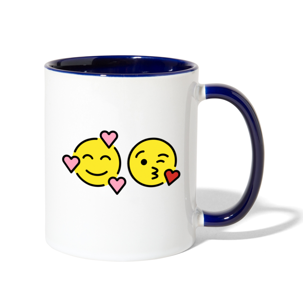 Smiling Face w/ Hearts + Face Blowing a Kiss Power Pair Mojis Contrast Coffee Mug - Emoji.Express - white/cobalt blue