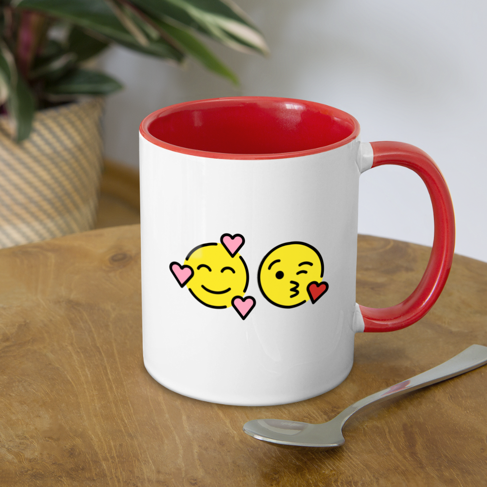 Smiling Face w/ Hearts + Face Blowing a Kiss Power Pair Mojis Contrast Coffee Mug - Emoji.Express - white/red