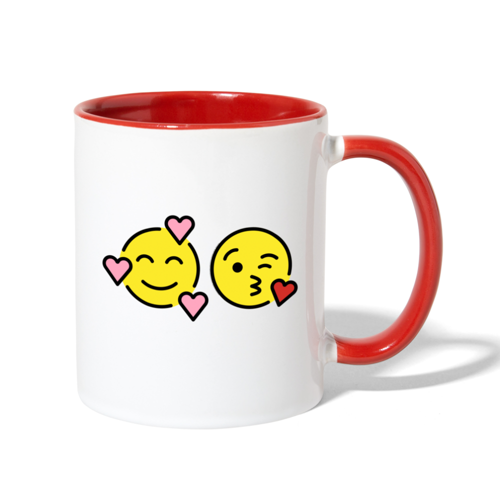 Smiling Face w/ Hearts + Face Blowing a Kiss Power Pair Mojis Contrast Coffee Mug - Emoji.Express - white/red