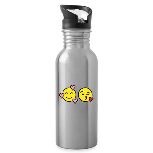 Smiling Face w/ Hearts + Face Blowing a Kiss Power Pair Mojis Water Bottle - Emoji.Express - silver