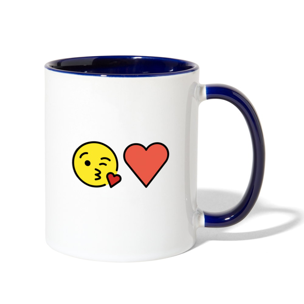 Face Blowing a Kiss + Red Heart Mojis Power Pair Contrast Coffee Mug - Emoji.Express - white/cobalt blue