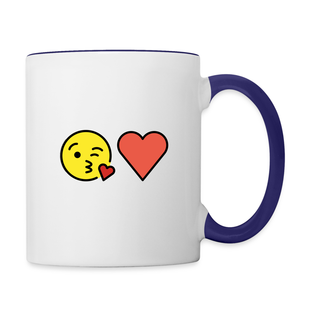 Face Blowing a Kiss + Red Heart Mojis Power Pair Contrast Coffee Mug - Emoji.Express - white/cobalt blue