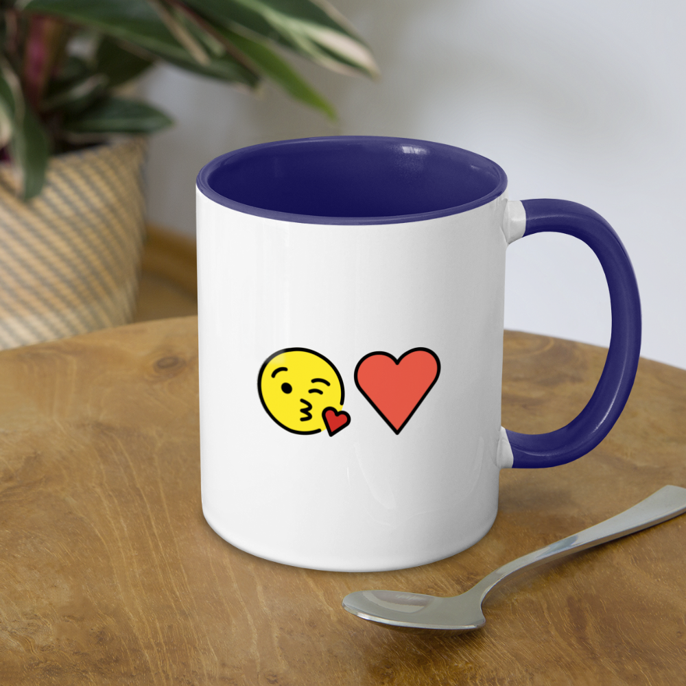 Face Blowing a Kiss + Red Heart Mojis Power Pair Contrast Coffee Mug - Emoji.Express - white/cobalt blue