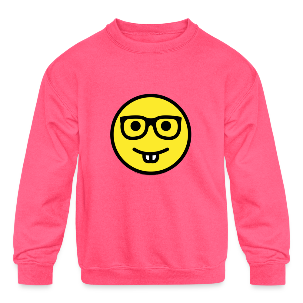 Nerd Face Moji Kids' Crewneck Sweatshirt - Emoji.Express - neon pink