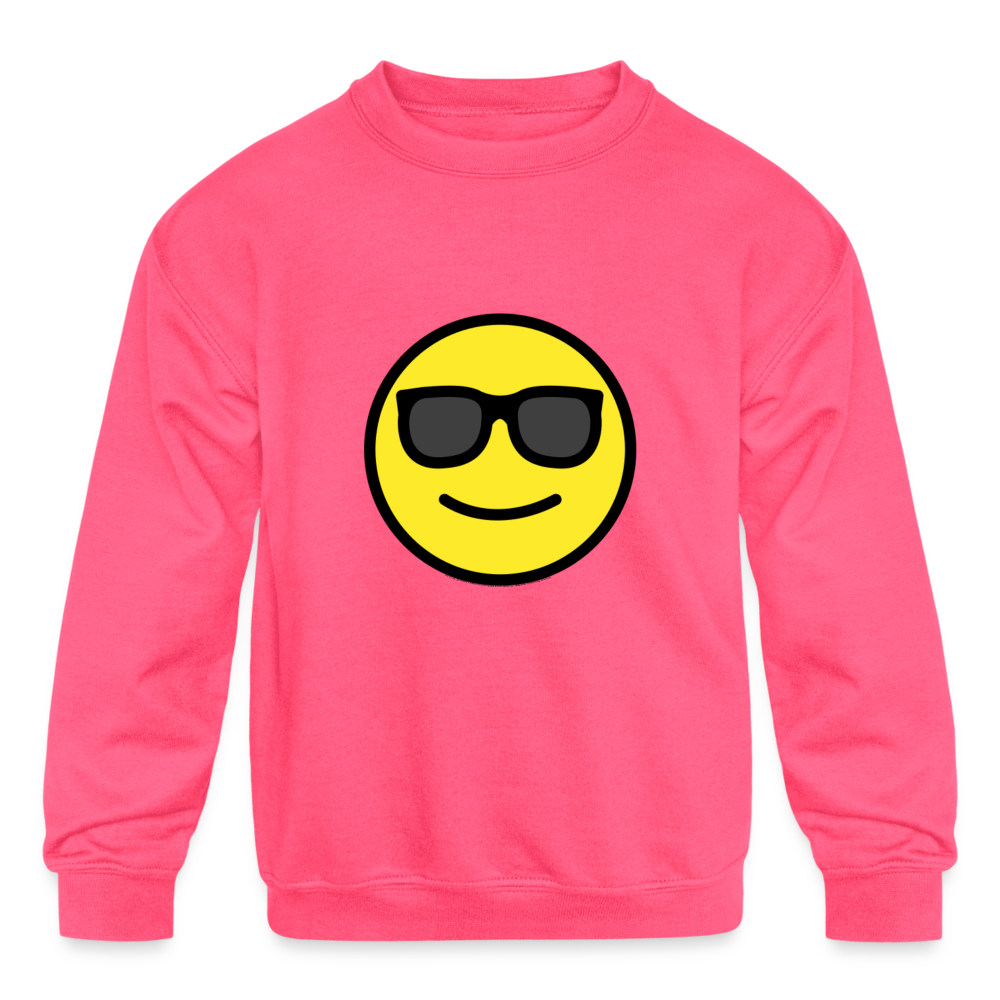 Smiling Face with Sunglasses Moji Kids' Crewneck Sweatshirt - Emoji.Express - neon pink