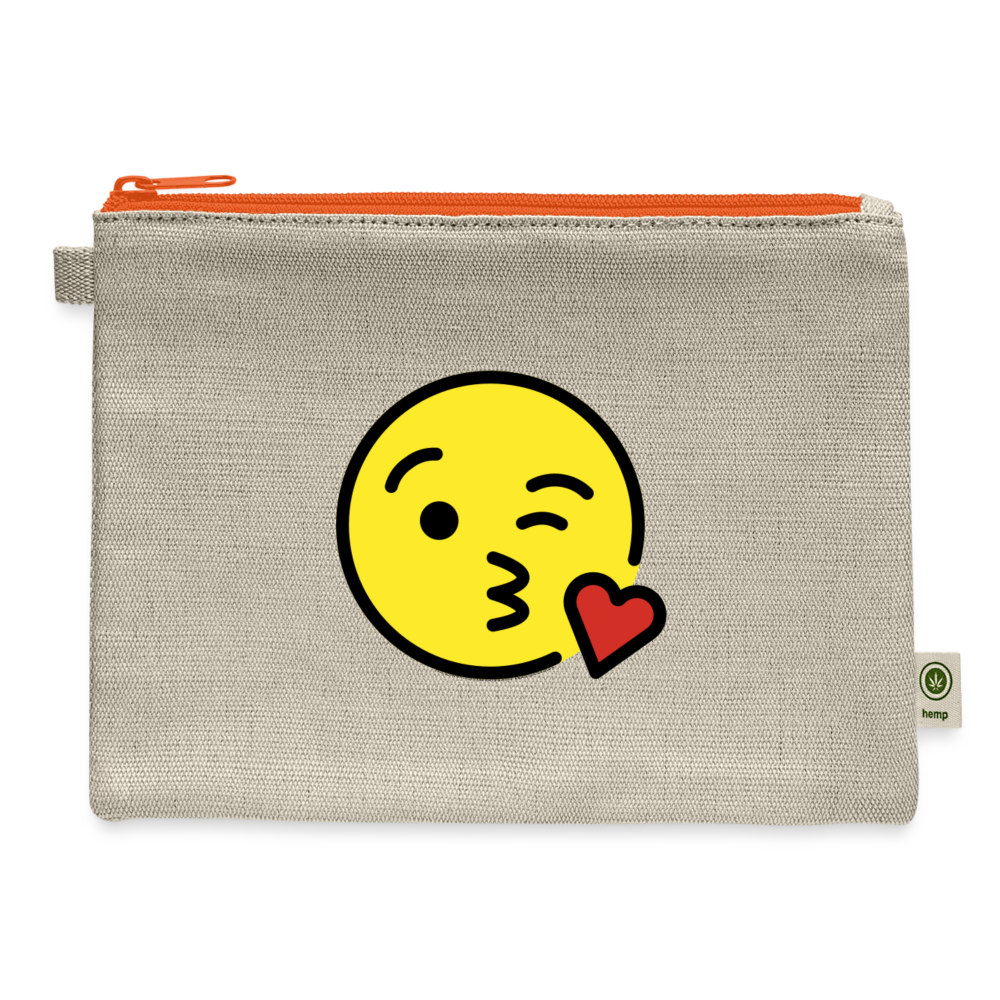 Face Blowing a Kiss Moji Carry All Hemp Pouch - Emoji.Express - natural/orange
