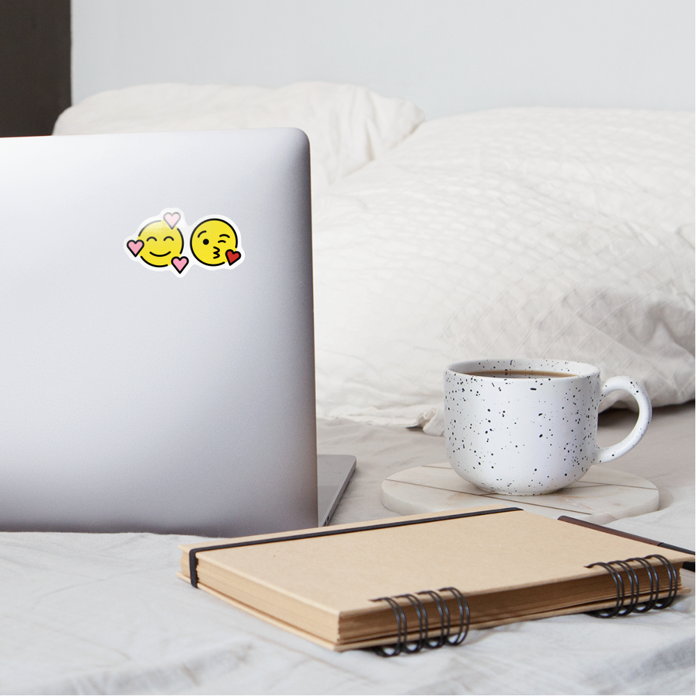 Smiling Face w/ Hearts + Face Blowing a Kiss Power Pair Mojis Sticker - Emoji.Express - white glossy