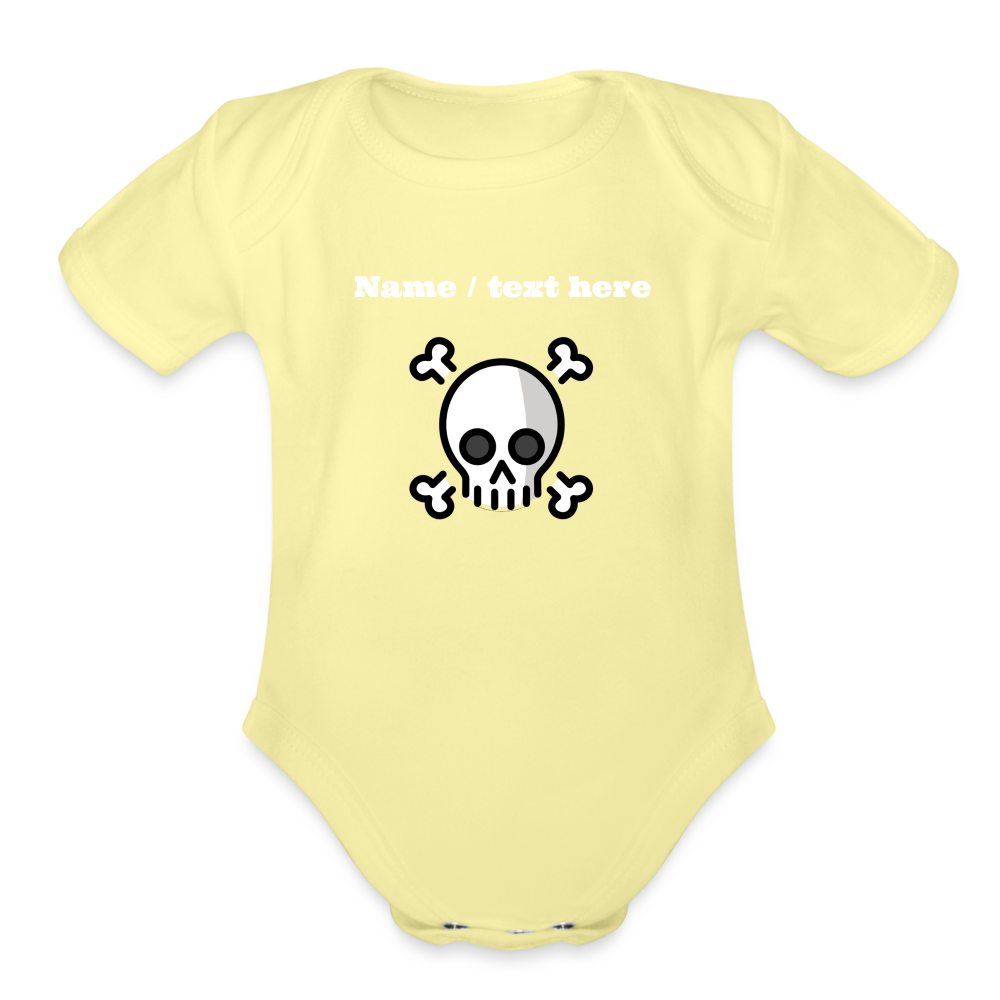 Skull and Crossbones Moji Organic Short Sleeve Baby Bodysuit - Emoji.Express - washed yellow