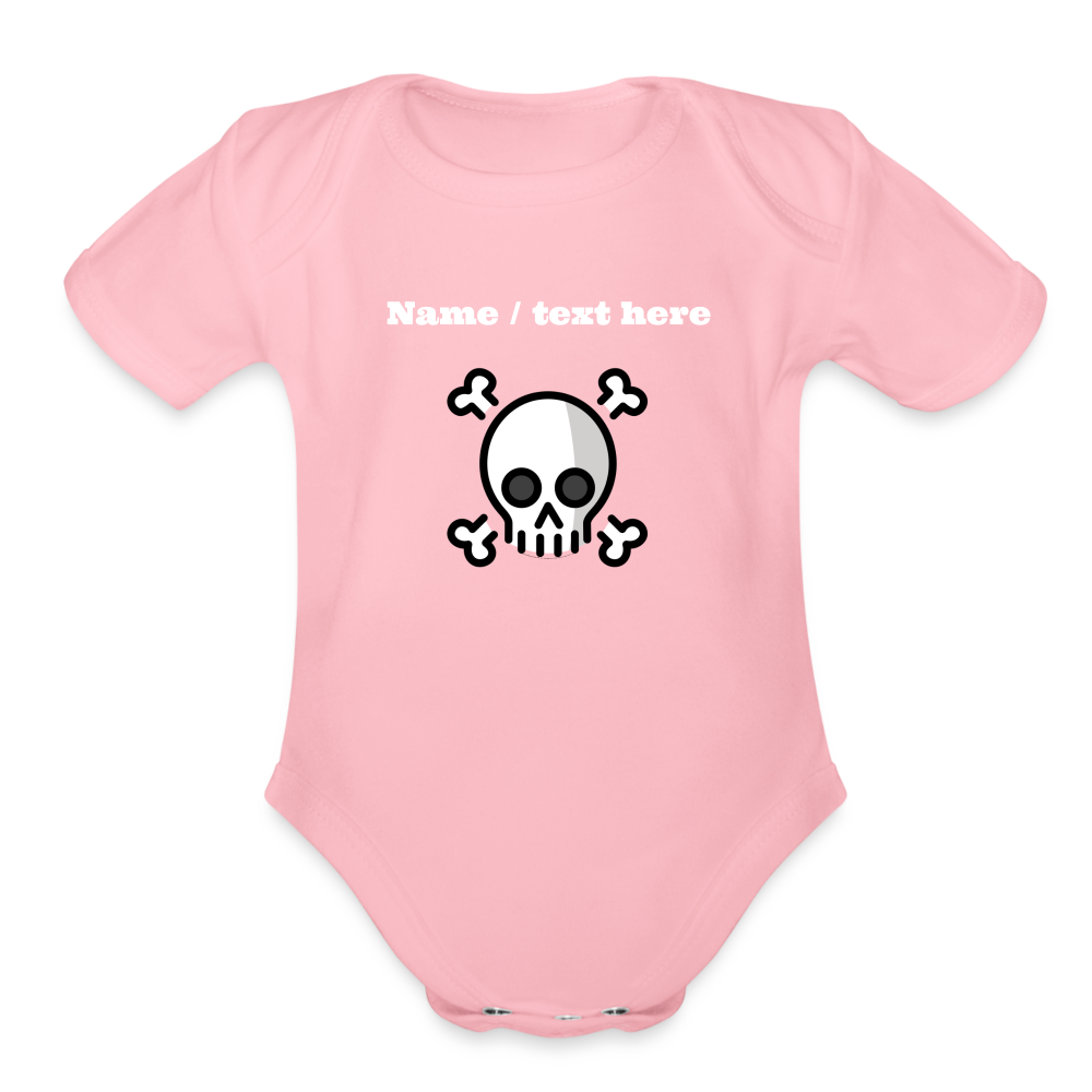Skull and Crossbones Moji Organic Short Sleeve Baby Bodysuit - Emoji.Express - light pink